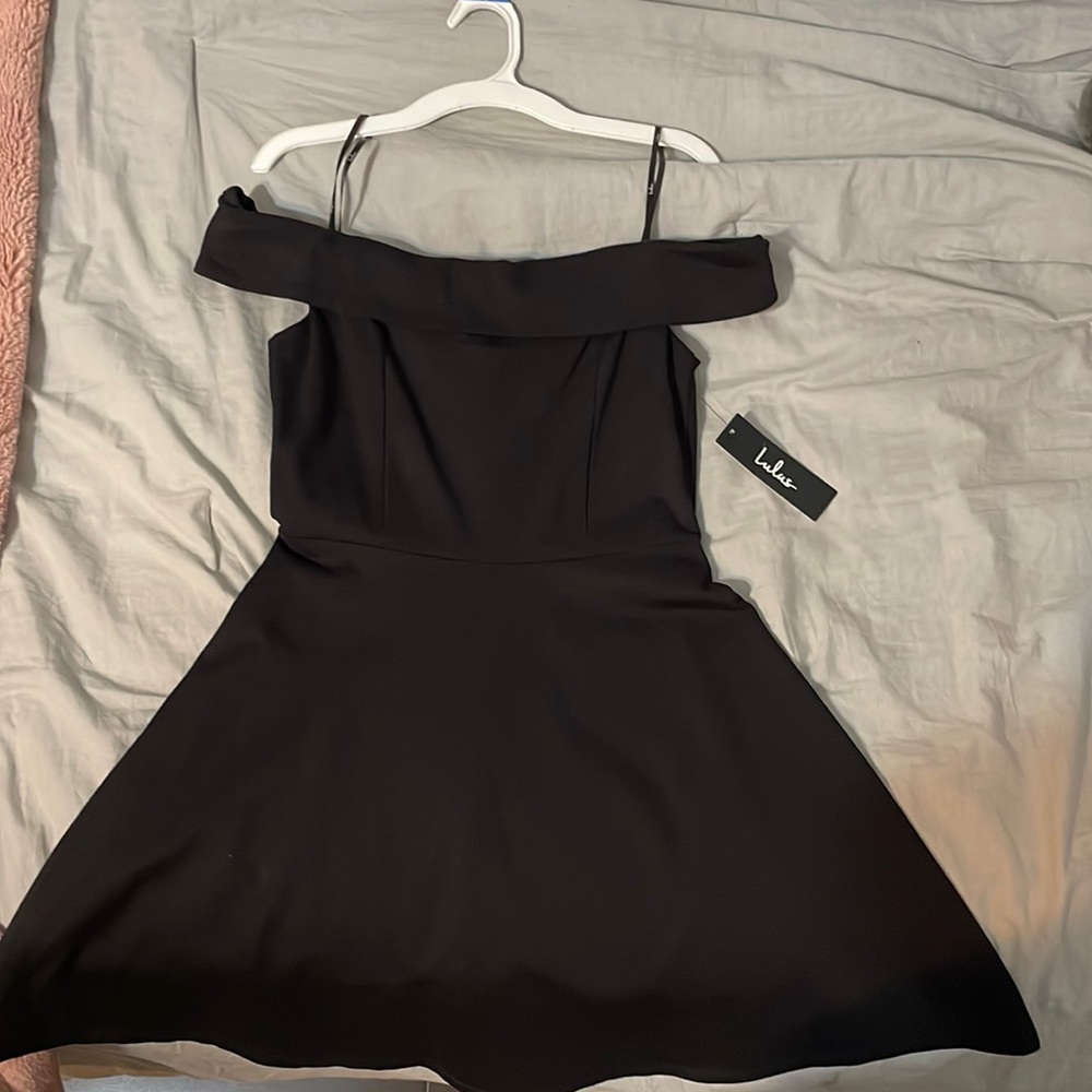 Lulu’s small black and off the shoulder skater dress